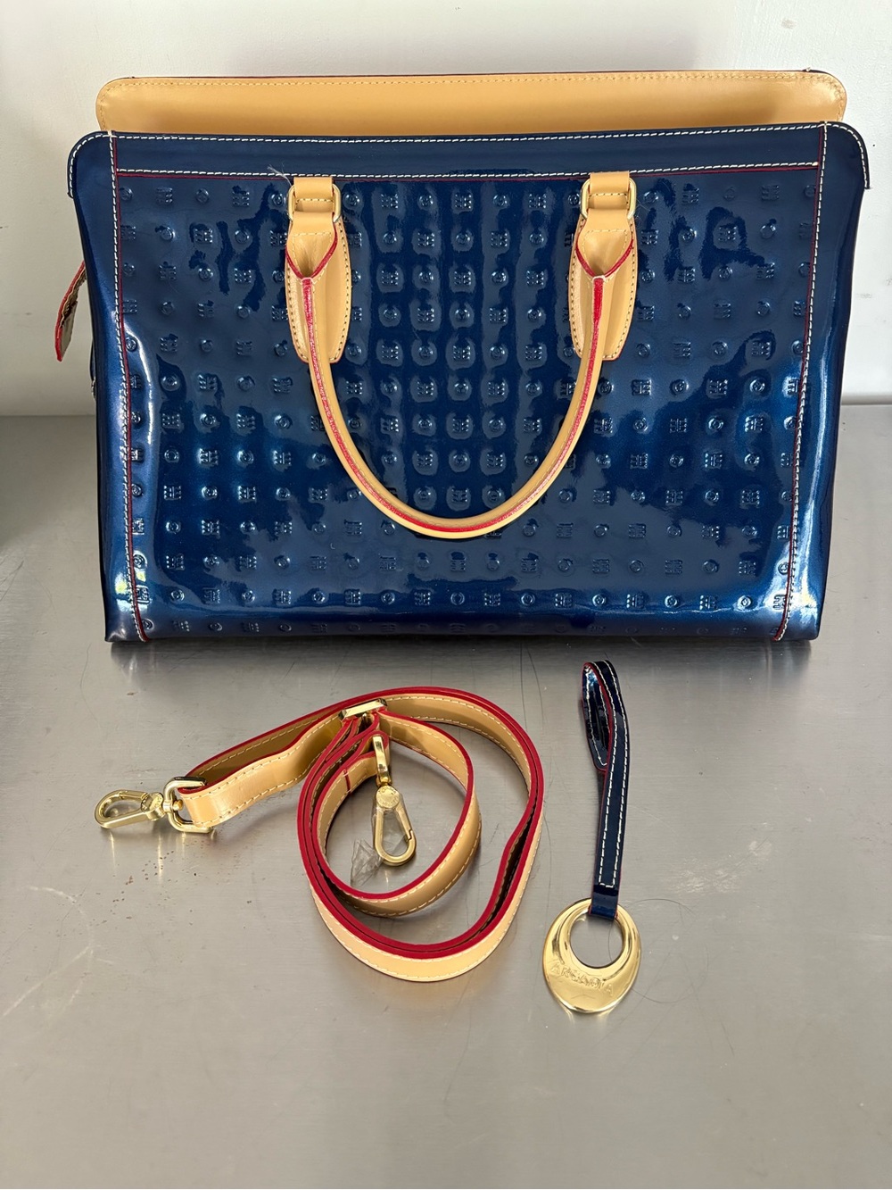 Arcadia Italian ocean Blue patent leather large business tote excellent clean